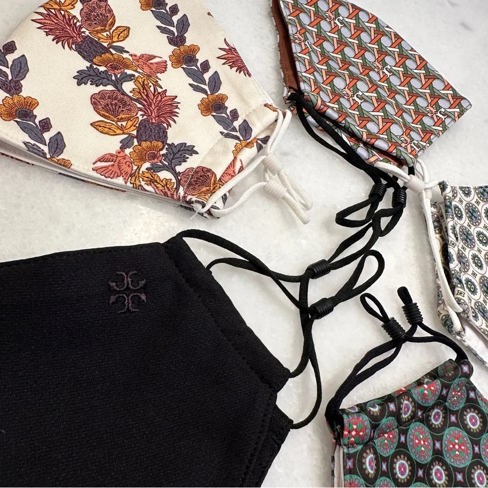 Set of 5 Tory Burch Silky Face Masks Logo Floral Geometric Adjustable Wire SET#3